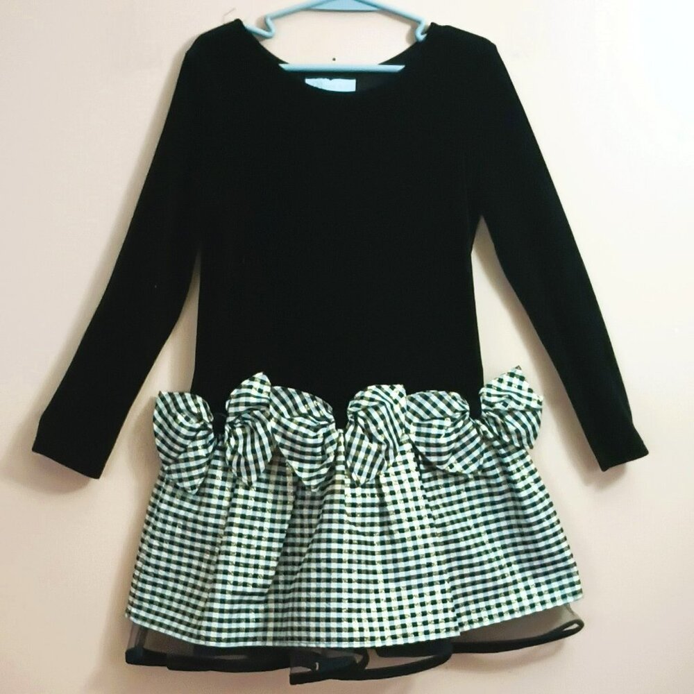Black Velvet Plaid Holiday Dress 6 Long Sleeve Large Bows Silver Weaving